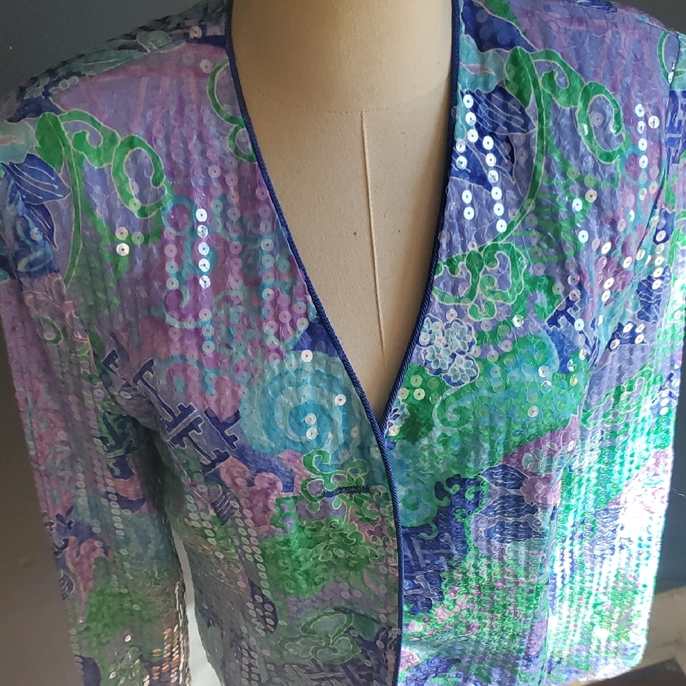 Vtg Sequin-Embellished Lavender & Aqua Women's Blazer - Picture 3 of 17